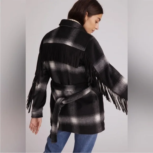 New Mother Fringe Plaid Flannel Coat Shirt Jacket Shacket Western Boho XS